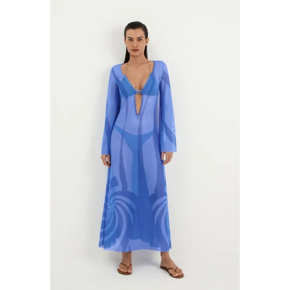 Caroline Constas womens Blue Wave Long Sheer Caftan Cover Up Dress size Large